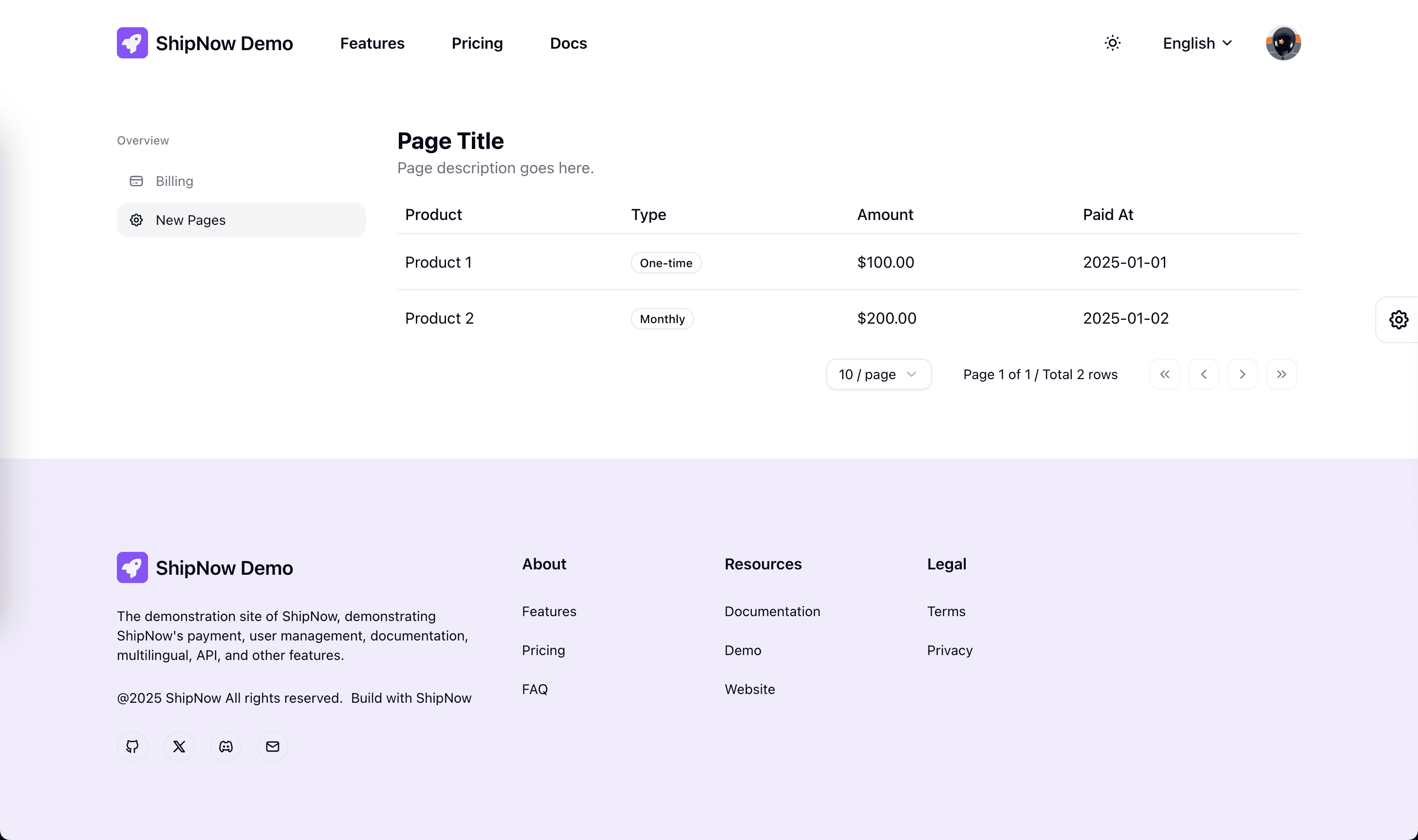 Dashboard new pages example
