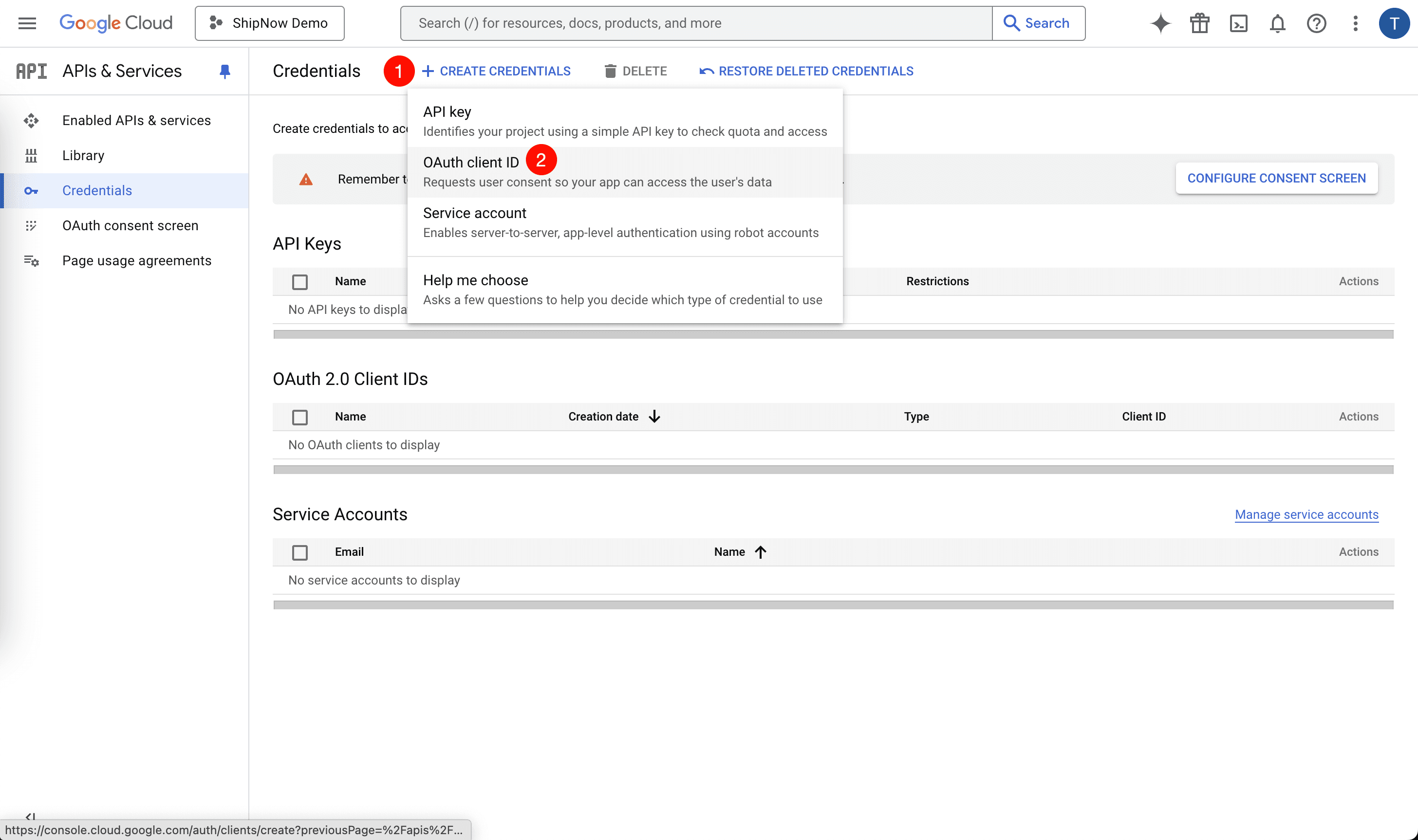 Create OAuth client ID and secret