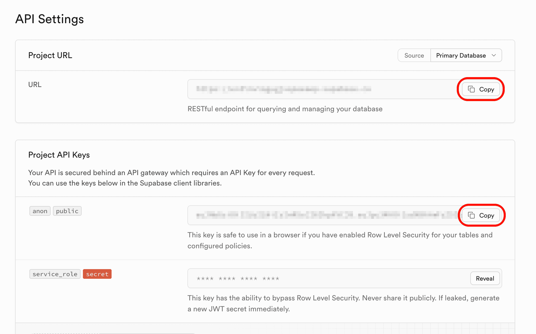 Copy Supabase project url and anon key
